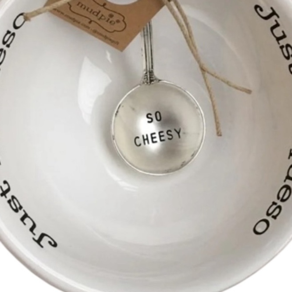 Mud Pie JUST IN QUESO Dip Set White Bowl Silver Engraved Spoon NWT - Picture 3 of 6